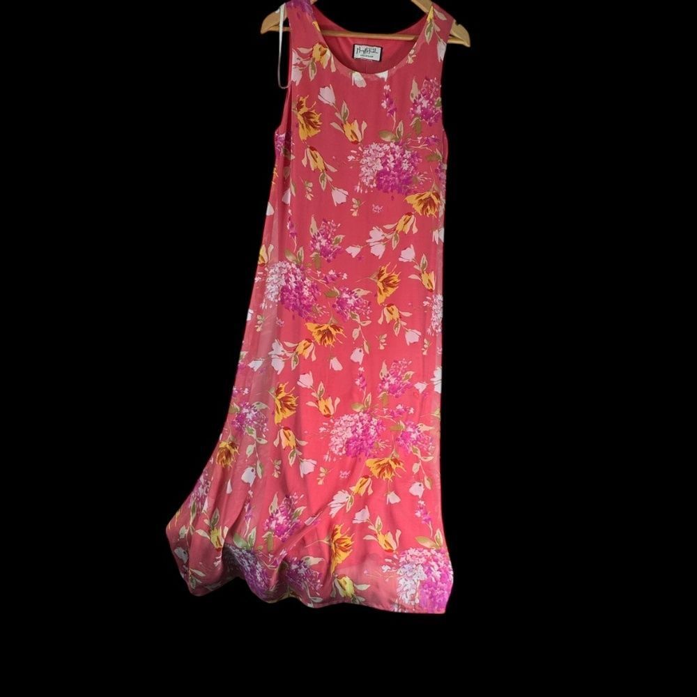 Mary McFadden Vintage Coral Pink Floral Chiffon Dress Sz L